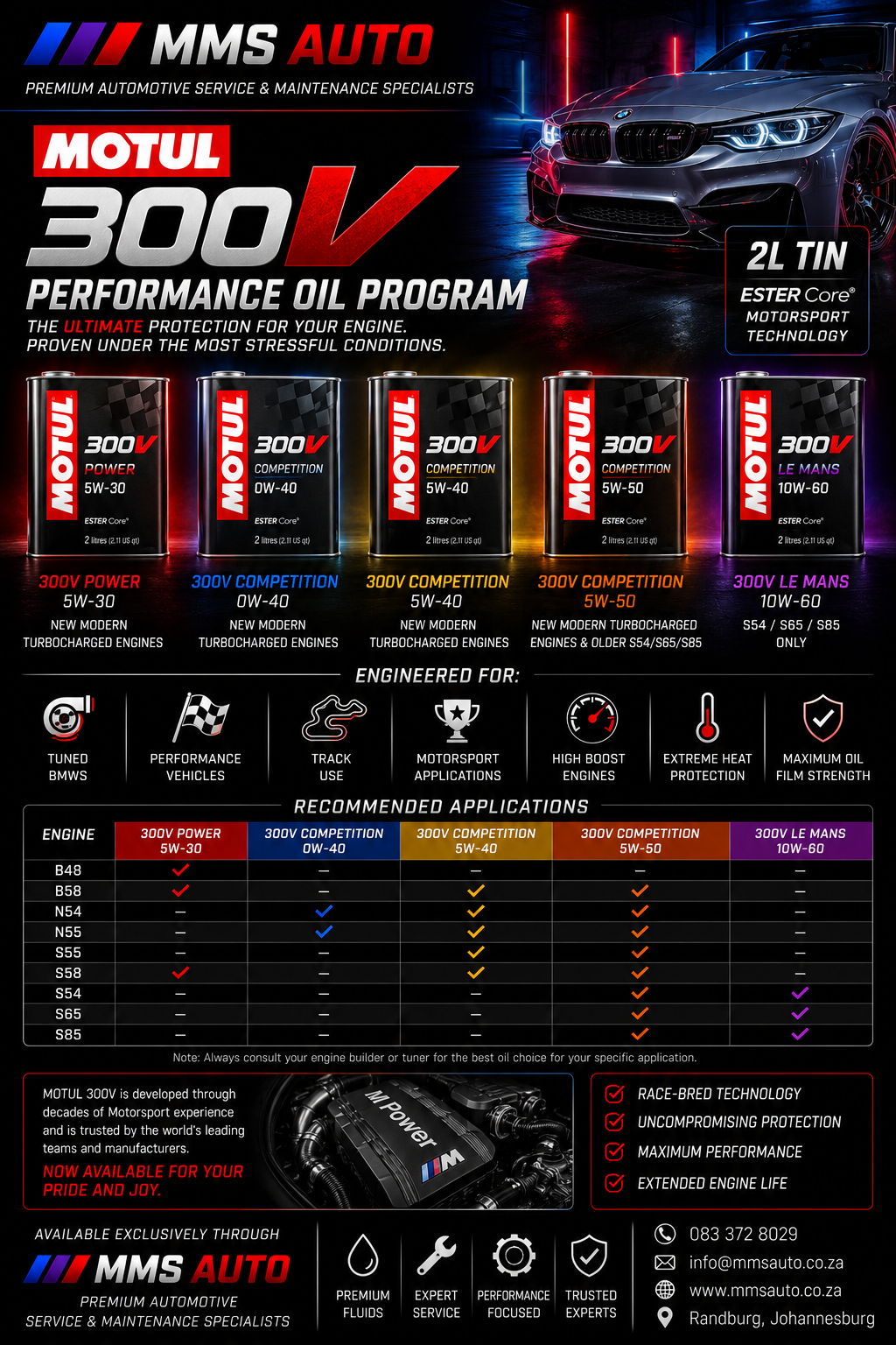 Motul 300V engine oil range used at MMS Auto